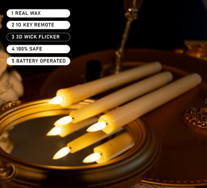 KSWING Upgraded Real Wax LED Flameless Taper Candles with Remote, 6 PCS Ivory Dripping Candlesticks Battery Operated 3D Flickering - 9.6" Long Realistic Fake Candle Sticks for Home/Wedding/Xmas Decor
