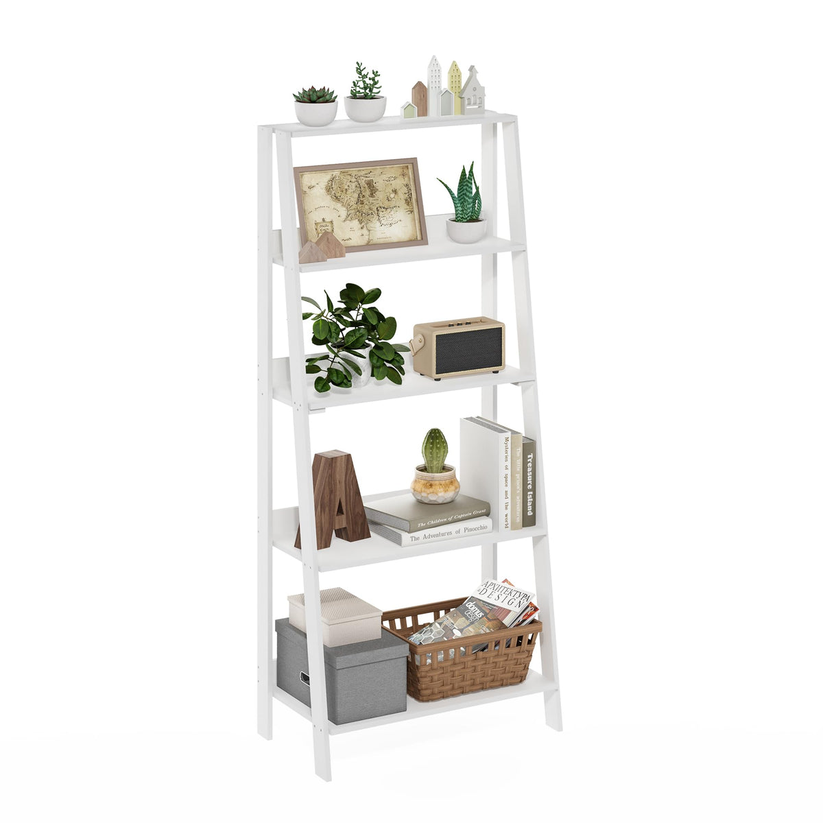 Furinno Ladder Book Shelf, 5-Tier Ladder Shelf, Bookshelf, Display Storage Shelves, 13 x 23.6 x 53.5, for Living Room, Home Office, Plain White