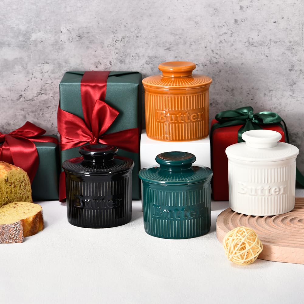 Ceramic Butter Crock, French Butter Dish for Fresh Spreadable Butter, Ribbed Butter Keeper with Water Line, Housewarming Gifts, Christmas Kitchen Decor