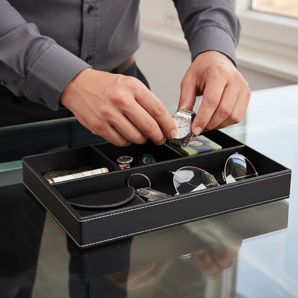 AUMISKY Leather Valet Tray Organizer, Stackable Nightstand & Dresser Storage Tray, Entryway Desk Catchall Tray for Keys Wallet Watch Phone, Bedside Desktop PU Leather Drawer Caddy Tray - Black