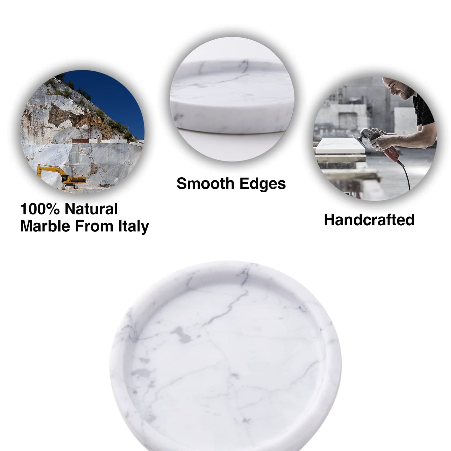 PHINILUX Italian 100% Marble Round Vanity Tray 5.5'', Decorative & Fruit Serving Trays for Bathroom, Kitchen, Nightstand, Jewelry Ring Dish Holder, Table Accents Decor, White