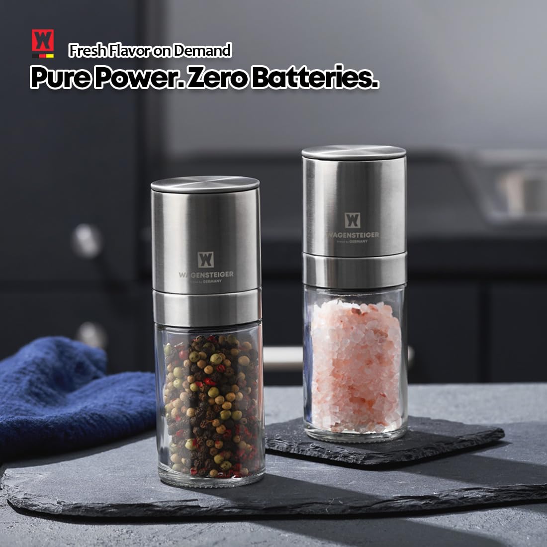 WAGENSTEIGER Manual Pepper Grinder 140mm Adjustable Ceramic Grinder, Stainless Steel & Glass Salt Pepper Mill, Refillable Spice Grinder