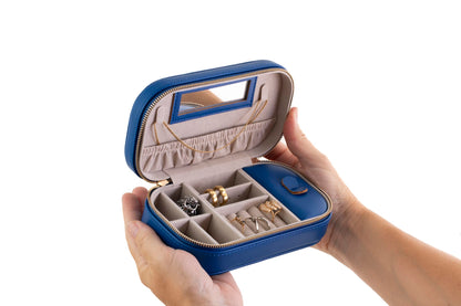 Crafted Living Summer Gift Blue Elegant Oval Jewelry Travel Case | Zip-Closure Jewelry Box with Mirror, Slots for Pendants, Bracelets, Rings & Earrings, Complimentary Dust Bag