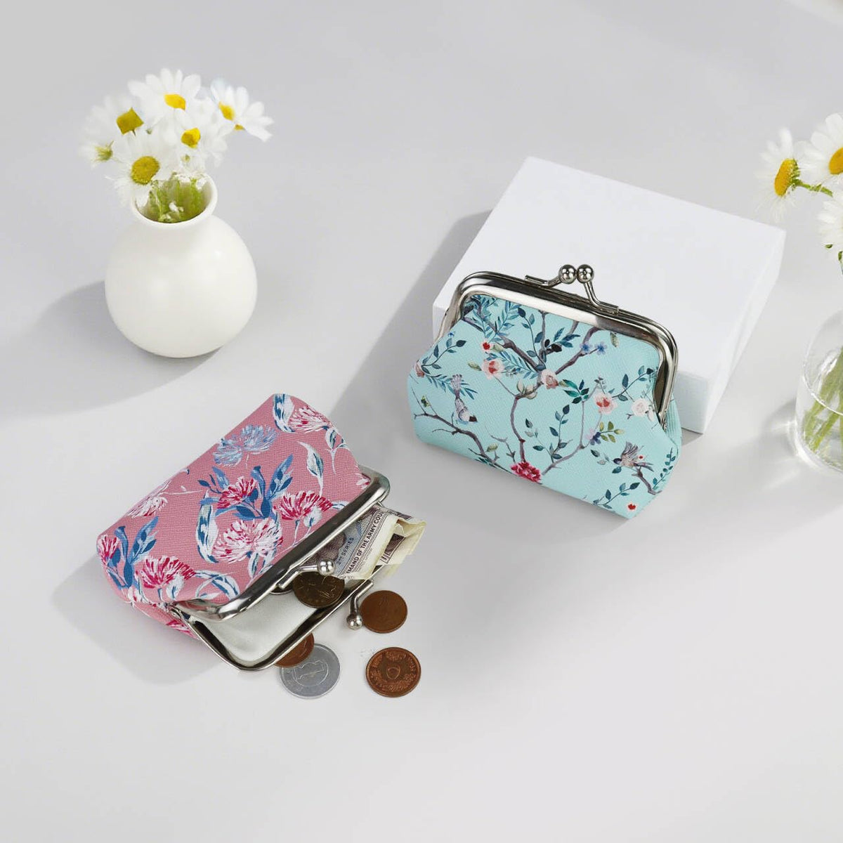 FuninCrea 2 Pcs Faux Leather Coin Purse for Women with Kiss Lock, Floral Pattern Change and Coin Wallet Double Clasp Closure Mini Wallet for Cash Key (Blue+Dark Pink)