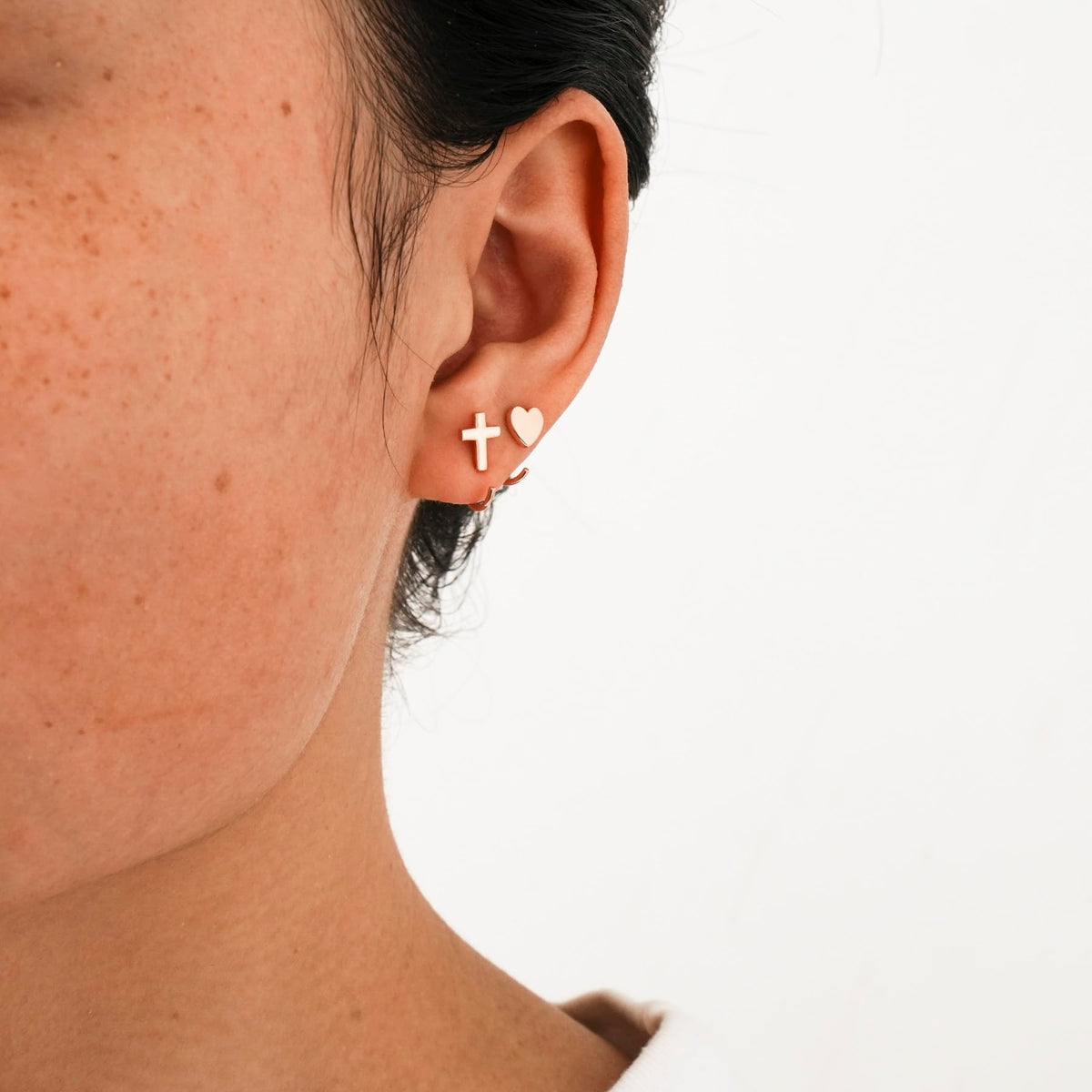 Half Hoop Earrings 18K Rose Gold Plated 925 Sterling Silver Cross & Heart Huggie Earrings Open Huggie Hoop Earrings Huggy Sleep Earrings for Women 2 Pairs