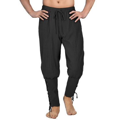Teyujosem Men's Pirate Pants Renaissance Medieval Viking Pants Linen Ankle Banded Trousers Halloween Costume(Z3707BK,2XL)