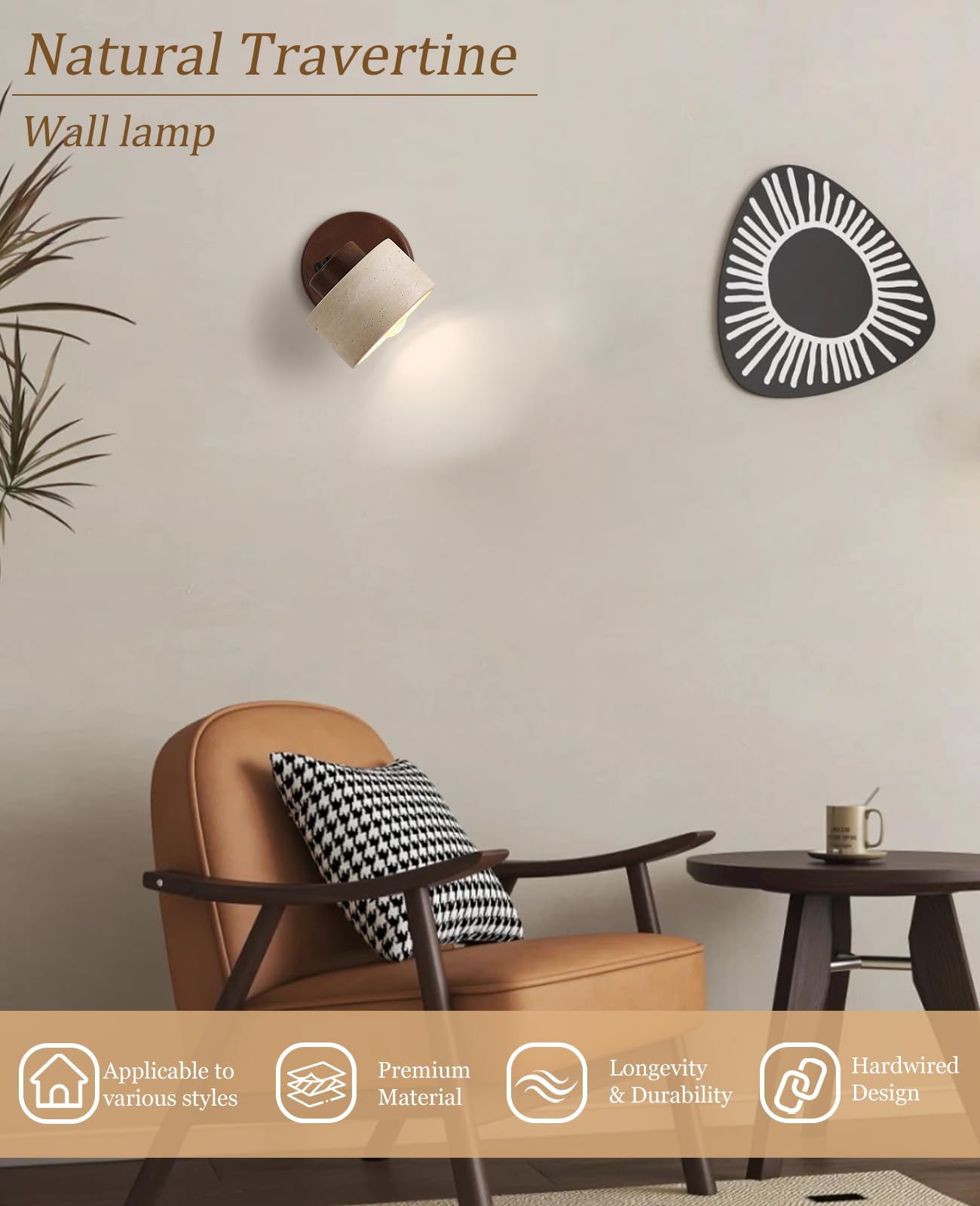 WOSBO Yellow Travertine Wall Lamp, 4.7" Wabi Sabi Marble Wall Sconce with Adjustable Natural Stone Lampshade & Wood Base, Mid Century Modern Wall Sconce for Bedside Bedroom Living Room Kitchen Island