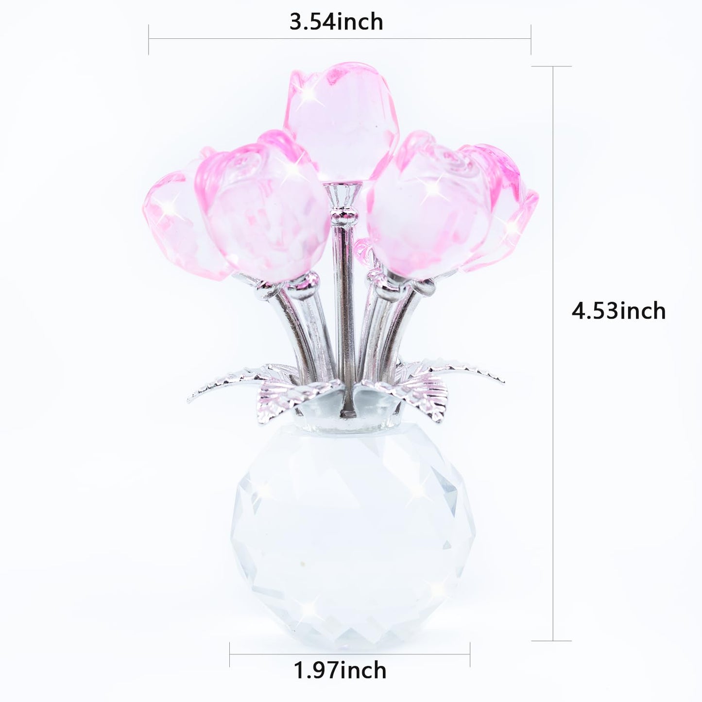 YINBEILIXU Crystal Rose Flower Figurine with Round Vase, Crystal Flowers, Glass Flowers, Glass Rose, Crystal Figurine Gifts for Women Mom Wife,Birthday Anniversary Home Decor, Silver Leaf (Pink)