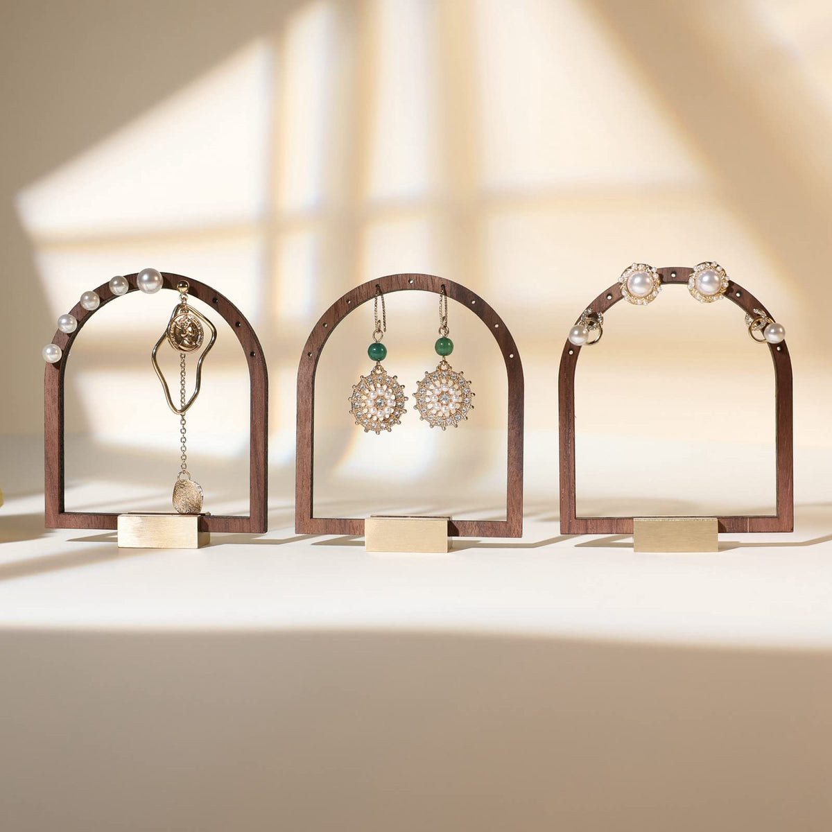GemeShou 3pcs Wooden stud earring organizer holder, walnut earring hangers with brass base, Small Cute earring display for selling with 9 holes for each【Arch frame-3pcs】
