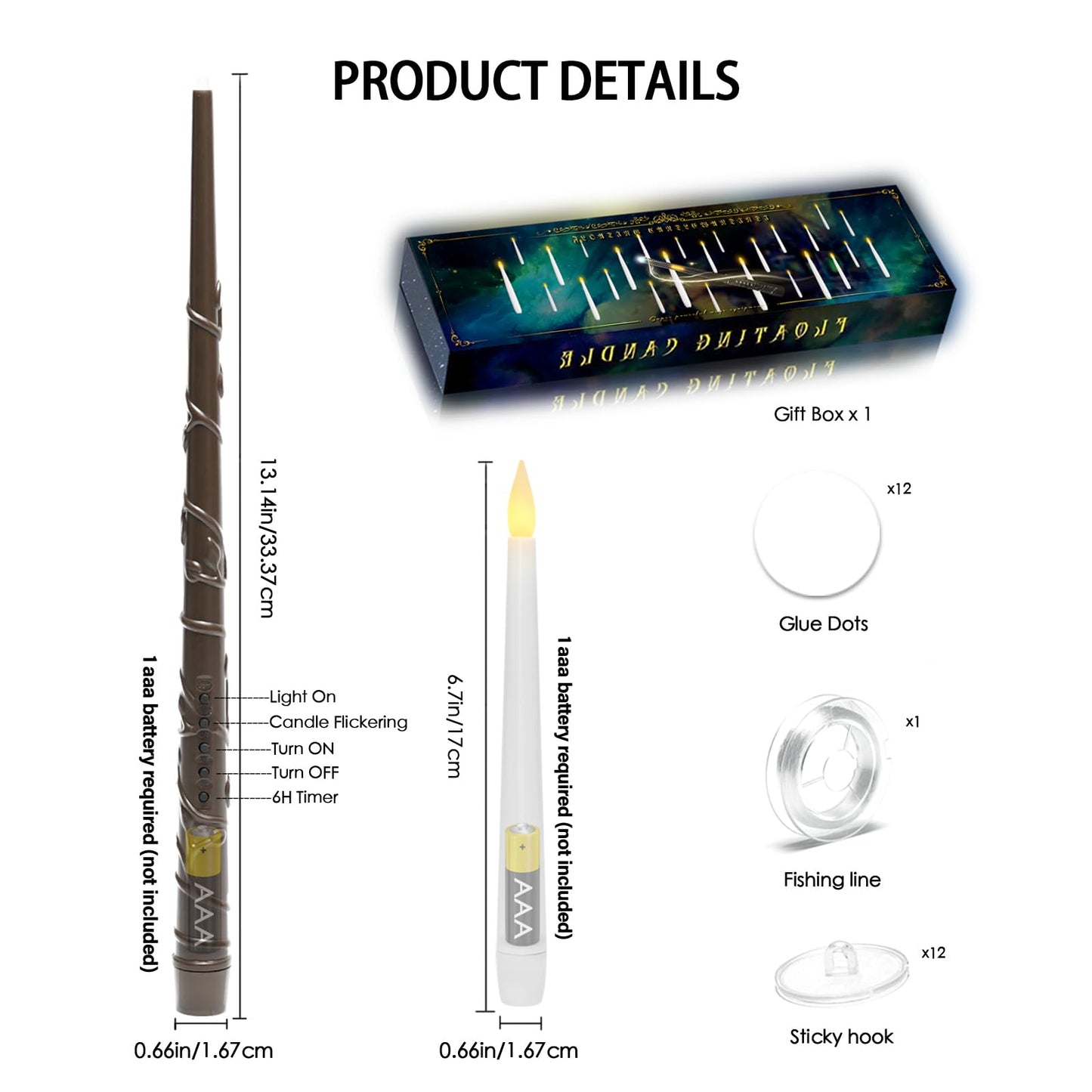 Lezonic Floating Candles with Wand Remote, Set of 12 Magic Flameless Candles Battery Operated, Flikering Hanging LED Taper Candlesticks Halloween Decorations, 0.51" x 6.7"