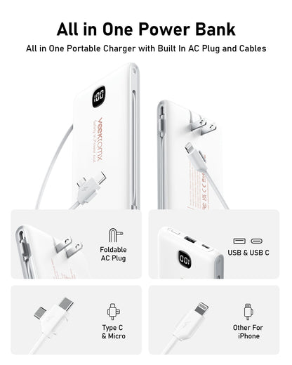 VEEKTOMX Portable Charger with Built in Cables 10000mAh, Power Bank for iPhone with Wall Plug, Travel Essential Fast Charging Slim USB C External Battery Pack for iPhone 17/16/15, Samsung, iPad, etc