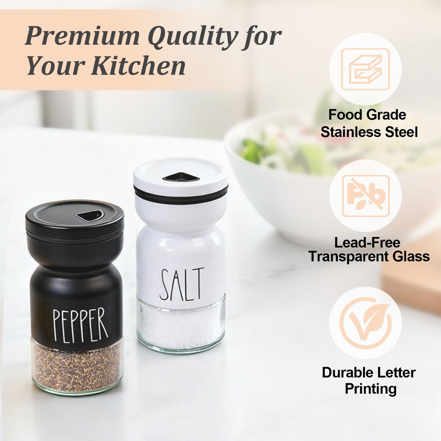 4oz Salt and Pepper Shaker Set with 4 Adjustable Pour Settings, Easy Refill Glass Shakers, Farmhouse Style for Kitchen, Dining Table, BBQ, RV & Camping