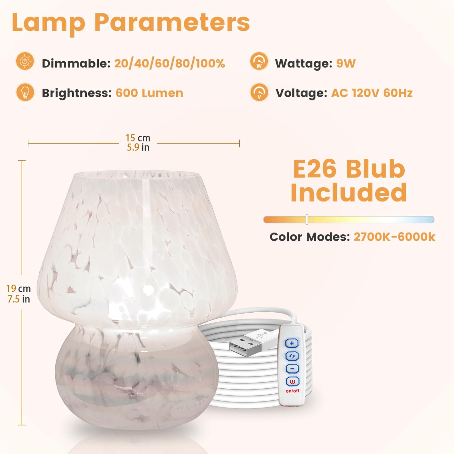 ULAROOM USB Plug-in Mushroom Lamp Small Bedside Table Lamp with 3 Temperature LED Bulb, Free Dimming Nights Light for Bedroom/Living Room/Entryway/Corner Decor or New Home Gift(Rainbow White)