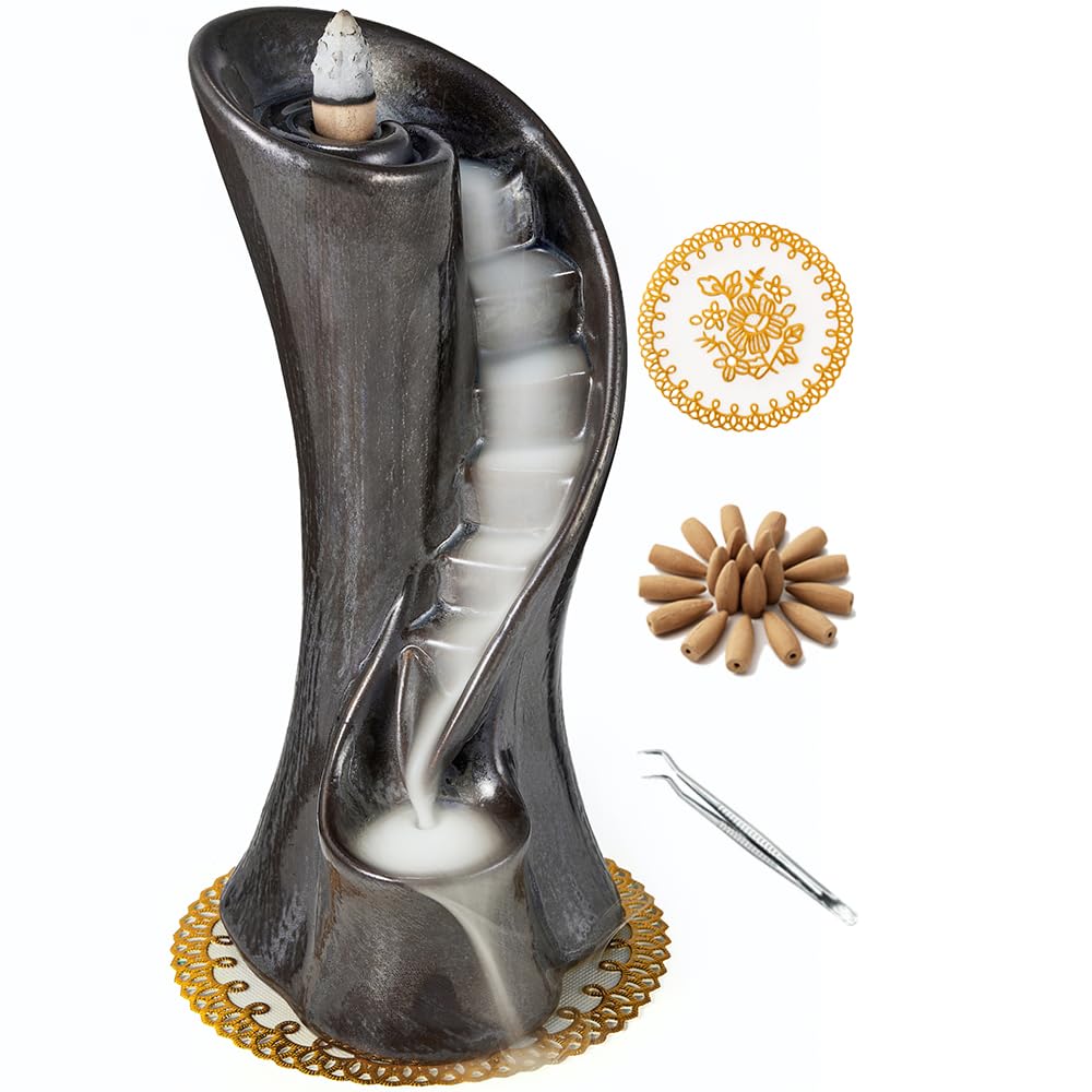 LAMDAWN Unique Cloud Stairs Ceramic Waterfall Incense Holder, Paired with a Pack of Backflow Incense Cones. (Metallic)