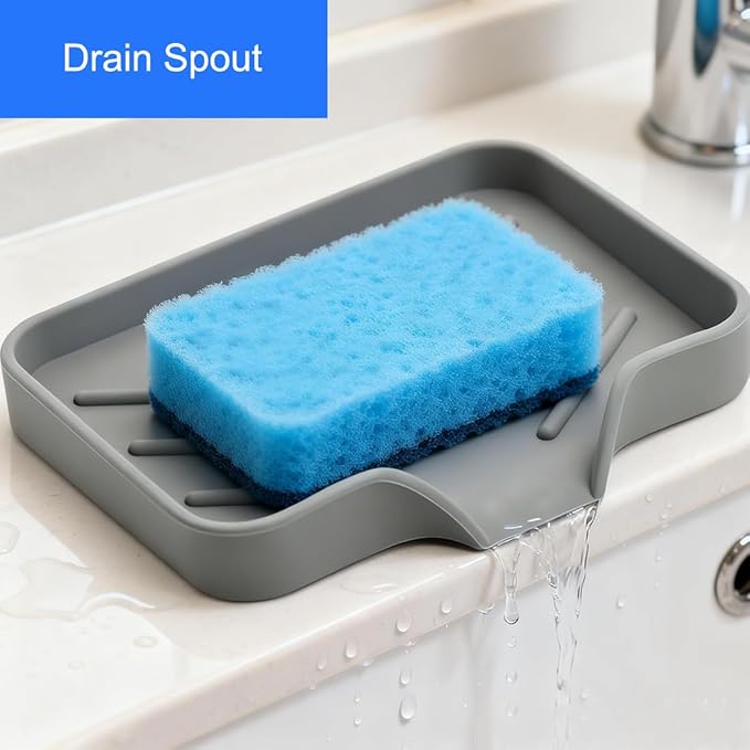 Sponge Holder with Drain Spout, Silicone Sponge Tray
