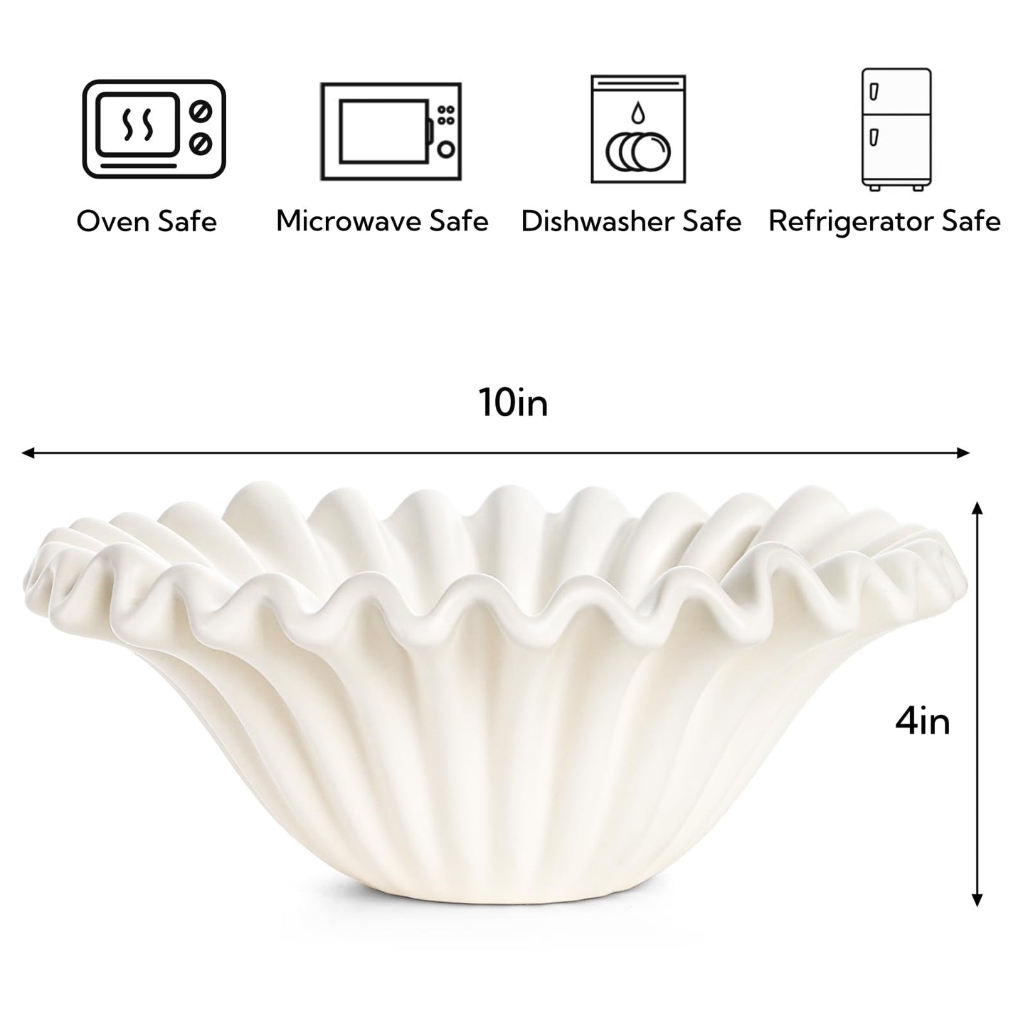 Prygew Large Decorative Bowl, 10 Inch White Ceramic Fruit Bowl for Kitchen Counter, Modern Scalloped Ruffle Key Bowl Decor for Jewelry, Entryway, Dining, Coffee Table