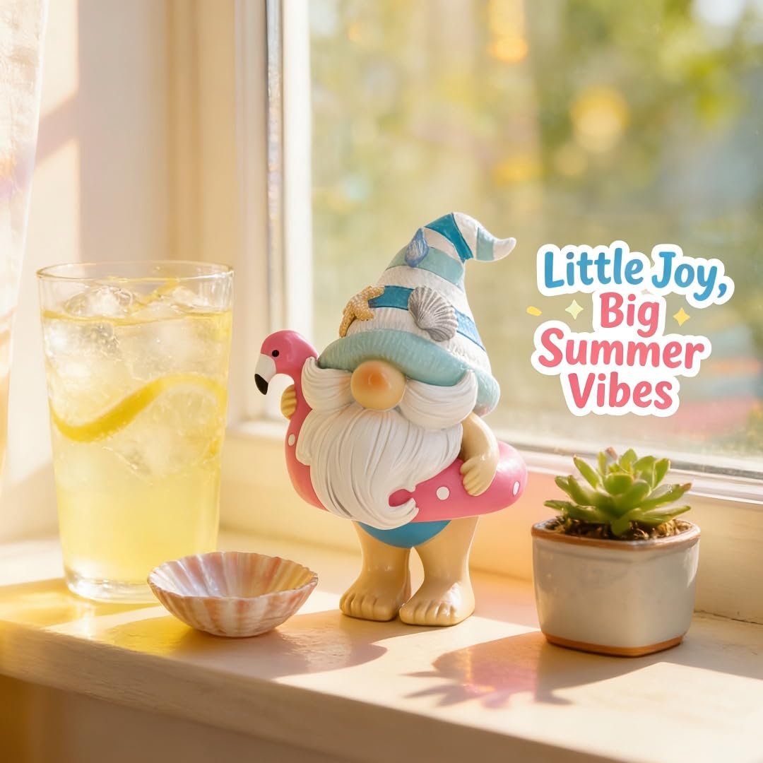 Hodao Coastal Ocean Gnome Decorations – Hand-Painted Resin Beach Gnome Figurine with Flamingo Float, Seashell Hat & Beach Ball, Summer Sea Decor Gift for Indoor Home, Bedroom & Tabletop Ornaments