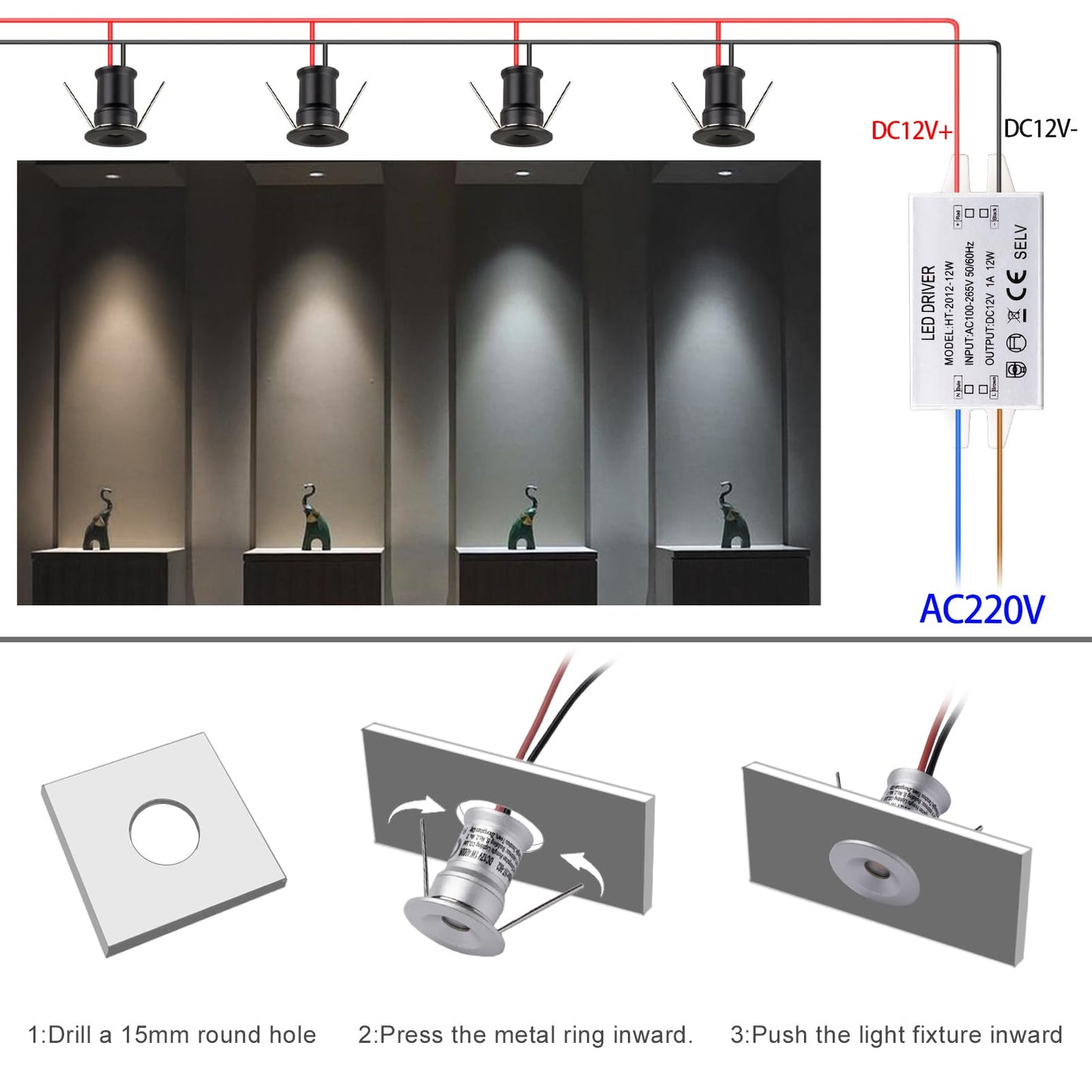 HHTUN 902 120°LED mini Spotlight,DC12V 1W,80Ra,75lm,Small Size,Embedded Installation,Suitable for Cabinet Lighting Such as Wine cabinets,Shoe cabinets,etc.,with Power Supply(3000K,Black,9Pack)