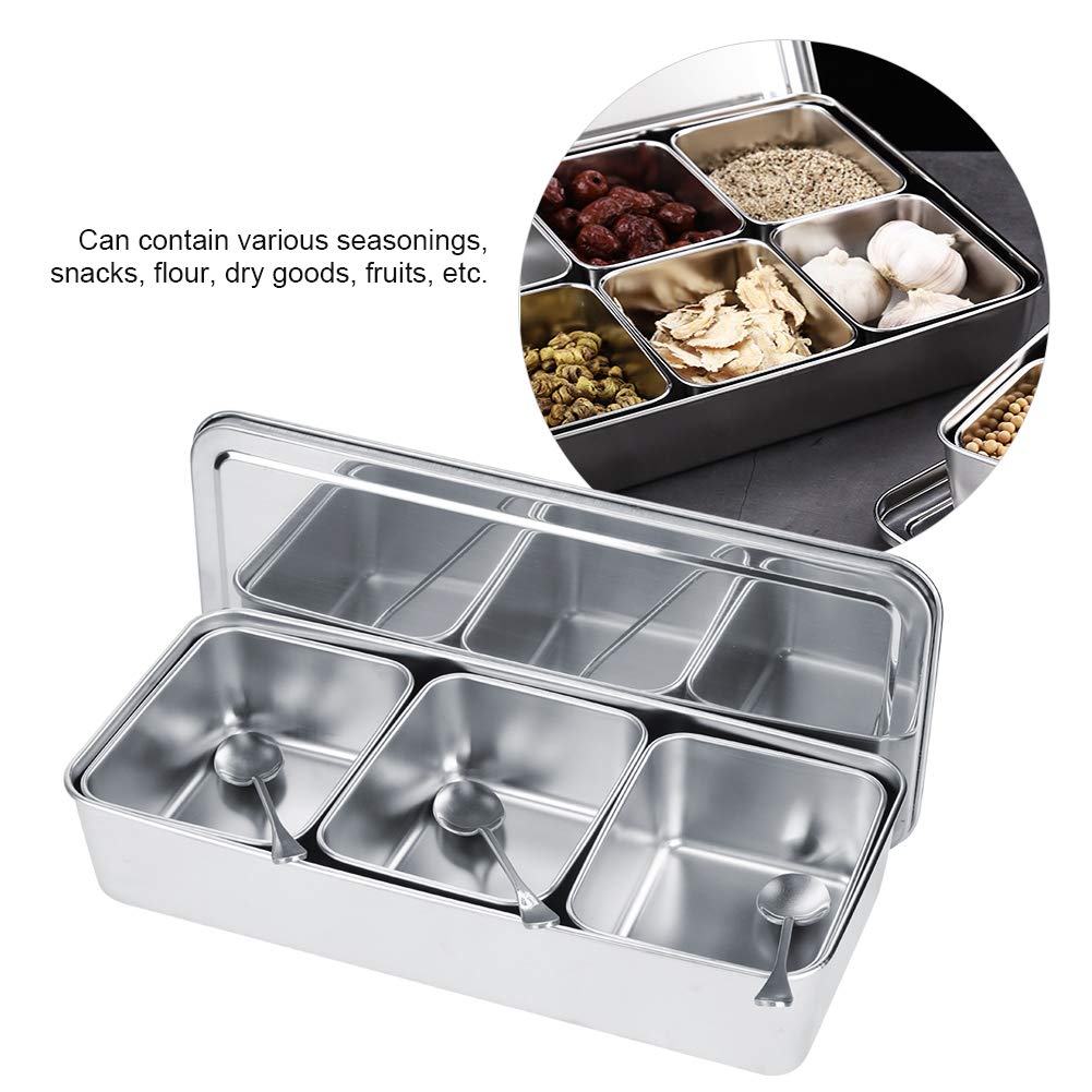 Hitoxi Condiment Server, 21oz Food Grade Stainless Steel Seasoning Jar with Spoon & Lid 3 Removable Compartments 3 Pcs Spices Container Set for Salt Sugar Cruet Snacks Flour Dry Goods