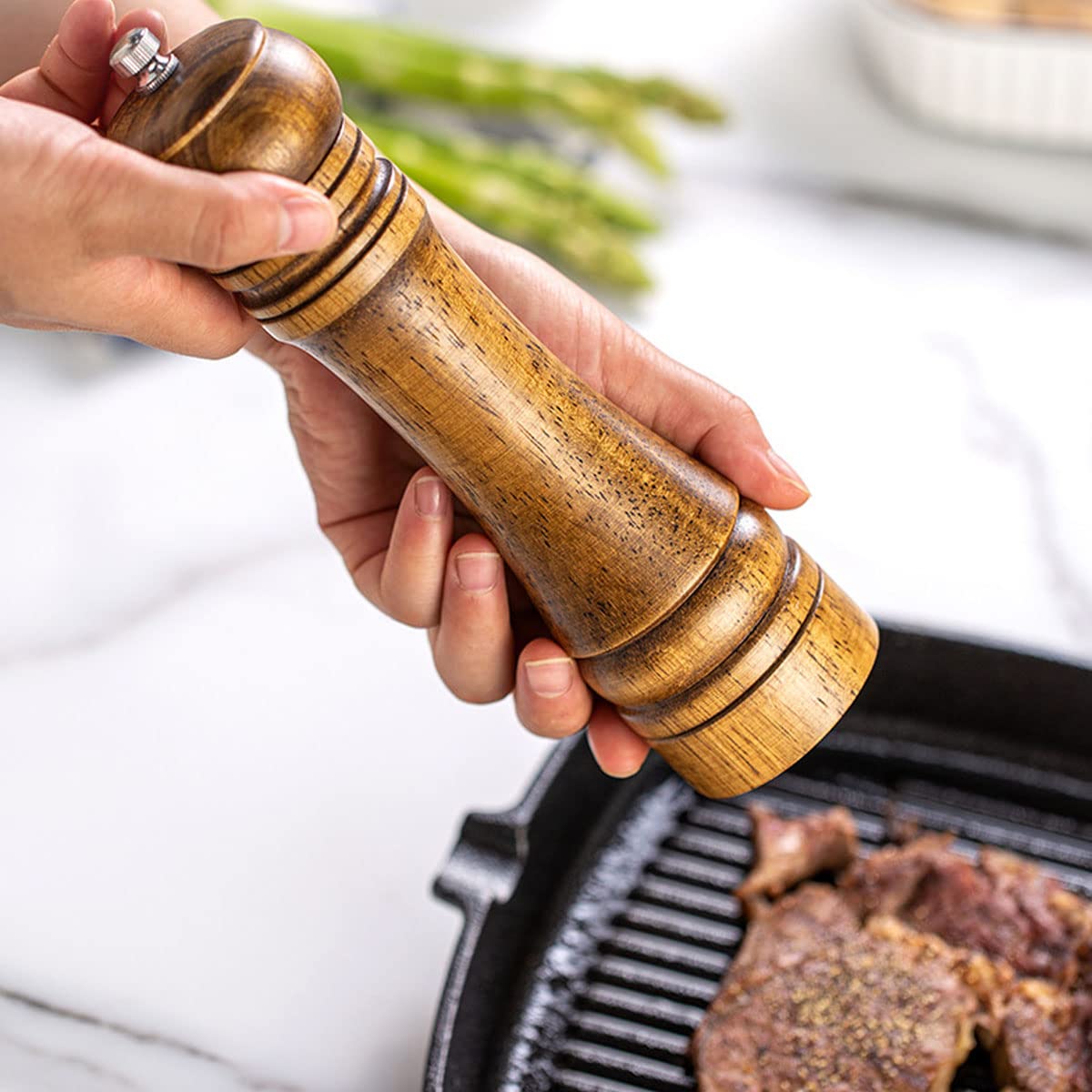 BINHAI Salt and Pepper Mill Set, Wooden Pepper Grinder Set Salt Pepper Grinder Kit Manual Mills Solid with Strong Adjustable Ceramic Grinders 2 Piece 8 Inches