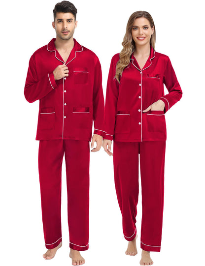 SWOMOG Couples Matching Pajamas Set Women & Men Satin Long Sleeve Sleepwear Soft Button Down Pj Set Silk Loungewear Women Reda Medium