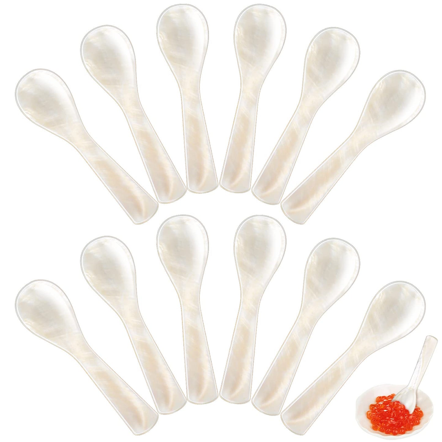 Caviar Spoons Mother of Pearl Mop Spoons with Hand Craft W Round Handle for Caviar, Egg, Ice Cream, Salt, Coffee Serving, Restaurant Serving Set(12 Pieces,3.55 Inch)