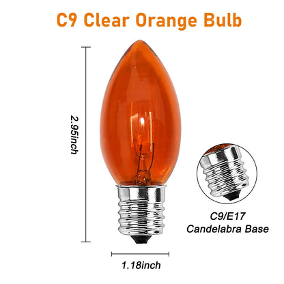 Konictom C9 Orange Halloween Light Bulbs, 25-Pack E17 Base, Waterproof Outdoor Bulbs for Halloween Decorations, Patio & Yard Lighting, Spooky Glow for Parties, Pathway & Events