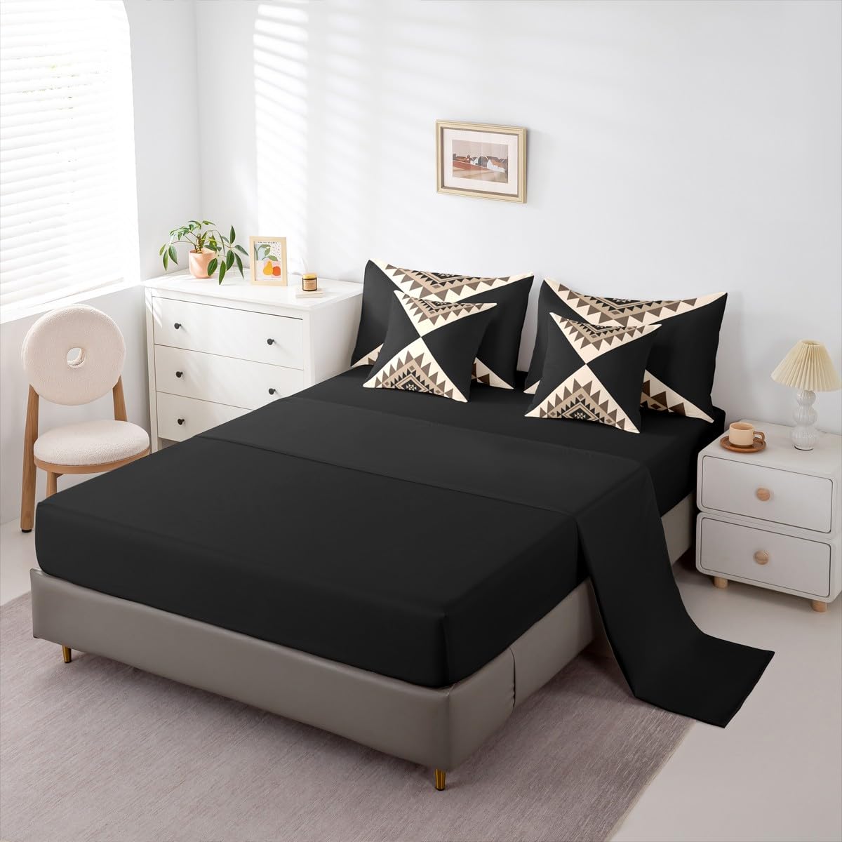 Erosebridal Black Beige Abstract King 7-Piece Bedding Set for Adult Women Men Modern Boho Western Aztec Comforter Set Geometric Stripes Bed in a Bag Stylish Art Southwestern Bed Collections