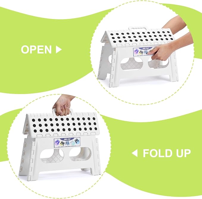 Delxo 9 Inch Folding Step Stool for Kids and Adults,15-Inch Extra Wide Height Large Platform Heavy Duty Stepping Stool More Safe and Comfortable Non Slip Foldable Step Stool White