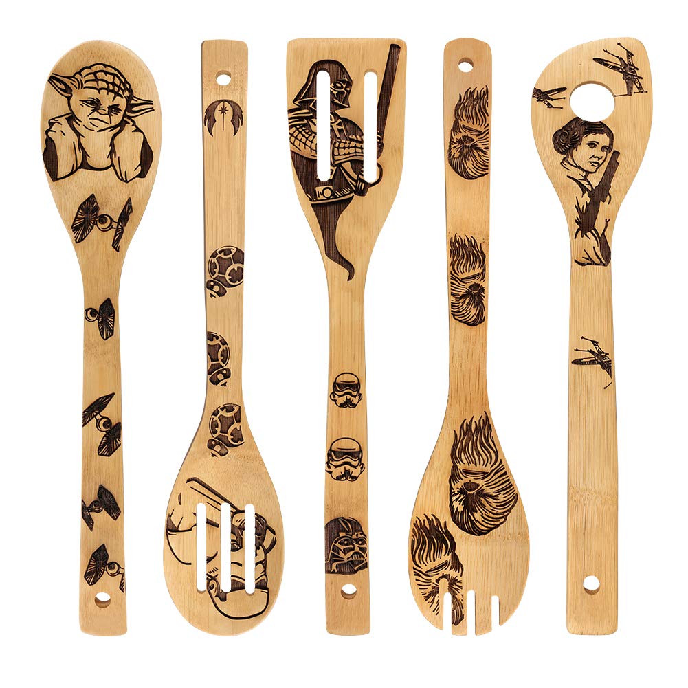 Star War Burned Wooden Spoons Utensil Set Gift Idea Cooking Serving Utensils Natural Bamboo Kitchen House Warming Presents Slotted Spoon 5 Piece