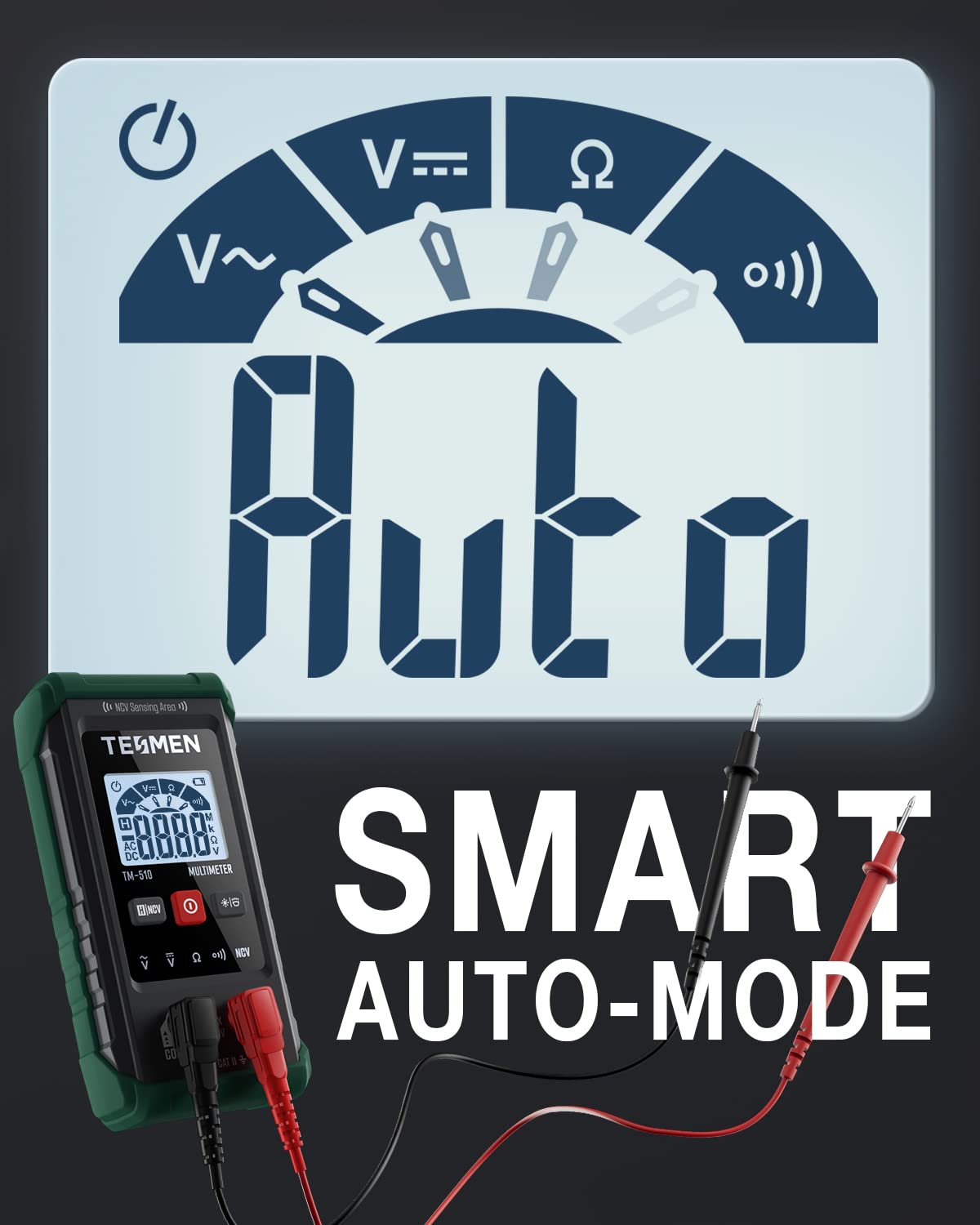 TM-510 Digital Multimeter, 4000 Counts, Smart Measurement, Auto-Ranging Voltmeter; Voltage Tester with Non-Contact Voltage Function, Measures AC/DC Voltage, Resistance, Continuity – Green