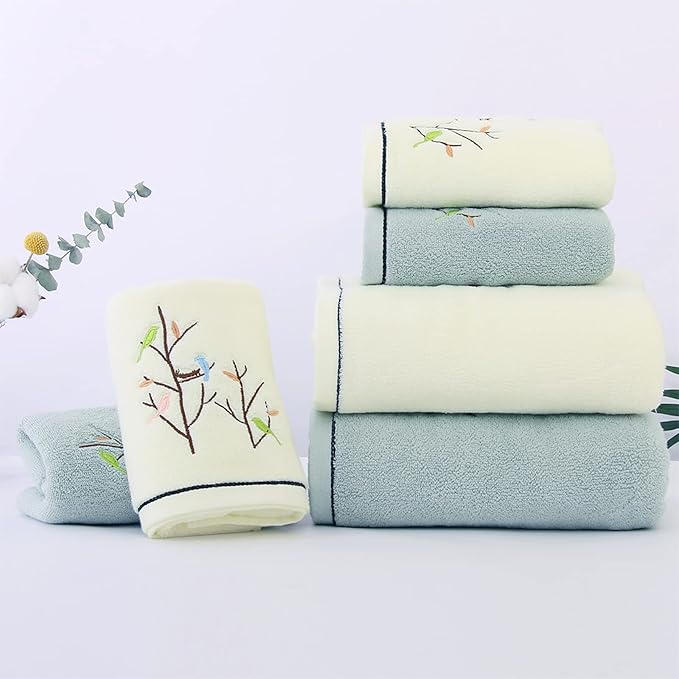 Pidada Bath Hand Towel Set of 3 Embroidered Bird Tree Pattern 100% Cotton Soft