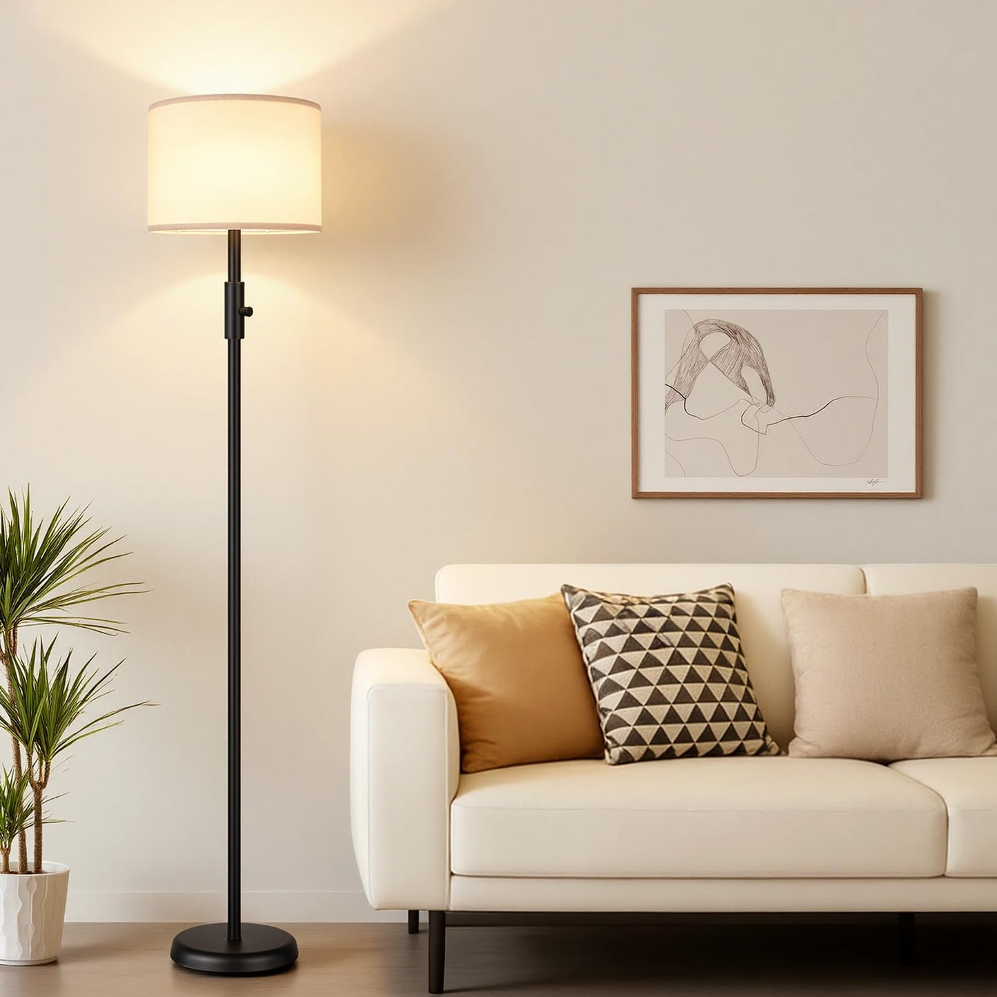 【Upgraded】 Dimmable Floor Lamp for Living Room,1000 Lumens Bulb Included, Modern Floor Lamps Simple Design with Linen Shade, Tall Standing Lamp for Bedroom Office Dining Room, Black Pole Lamp