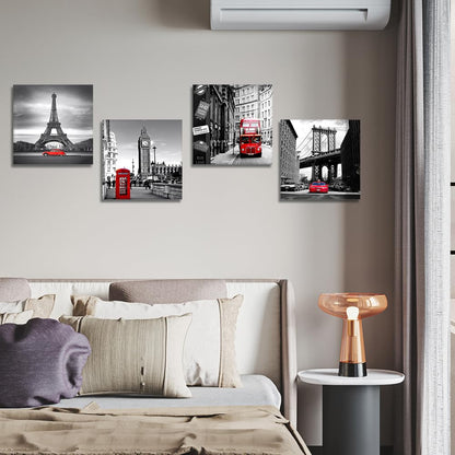 Artscope 4 Pieces Wall Art Canvas Prints - Red Cityscape with Eiffel Tower, Big Ben, Tower Bridge Picture Painting- Modern Wall Artwork Framed for Bathroom Home Office Decor - 30 x 30 CM