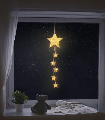 Lewondr Hanging Light, Rattan Star Shape Fairy Lights Indoor Decorative Lights Window Light Battery Operated Star Lights for Children's Room Bedroom Party Decoration with Timer Function, White