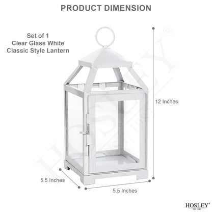 Hosley Set of 2 Clear Glass and Iron White Color Farmhouse Classic Style Lantern 12 Inch High Ideal Gift for Weddings Bridals Special Occasions Parties Aromatherapy and Spa Settings O4