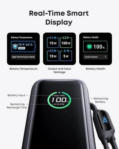 Anker Laptop Power Bank, 25,000mAh Portable Charger with Triple 100W USB-C Ports for Multi-Device Charging, Built-In and Retractable Cables, For iPhone 17/16/15 Series, Samsung, and More