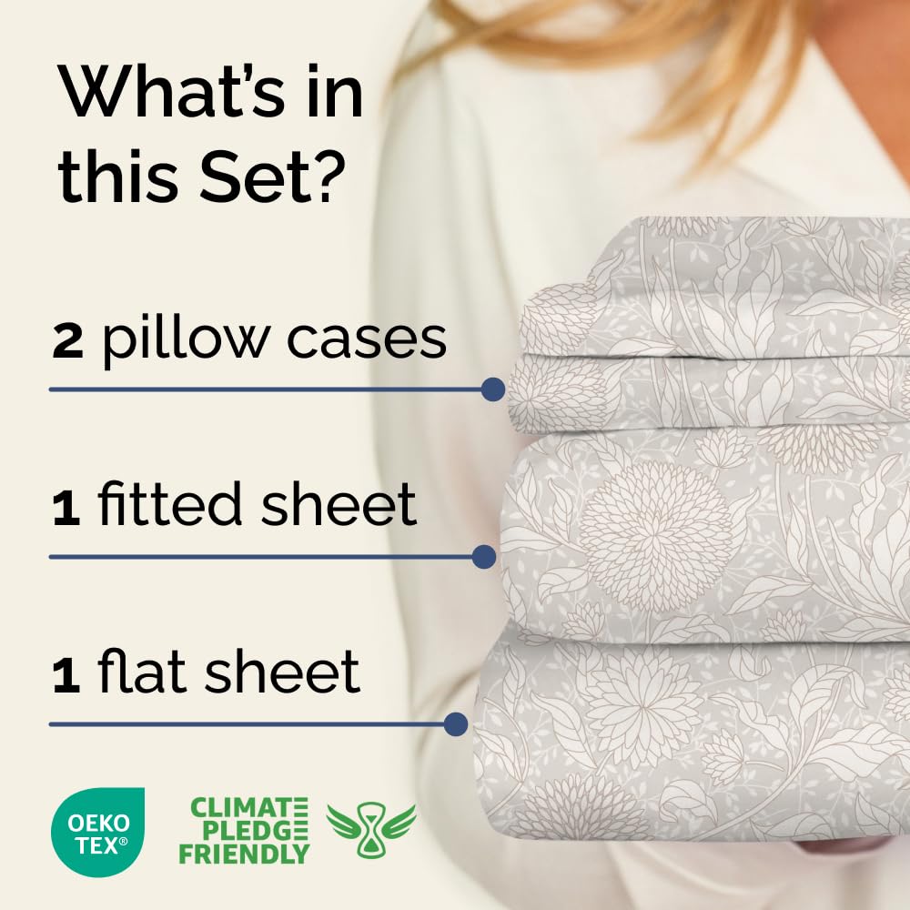 Floral Sheets - Beige Floral Bed Sheet Set - 1 Flat, 1 Fitted & 2 Pillowcases w/ Deep Pockets - Comfy, Wrinkle & Fade-Free - Boho Botanical Bedding - Ultra-Soft, Breathable & Cooling - Queen Size