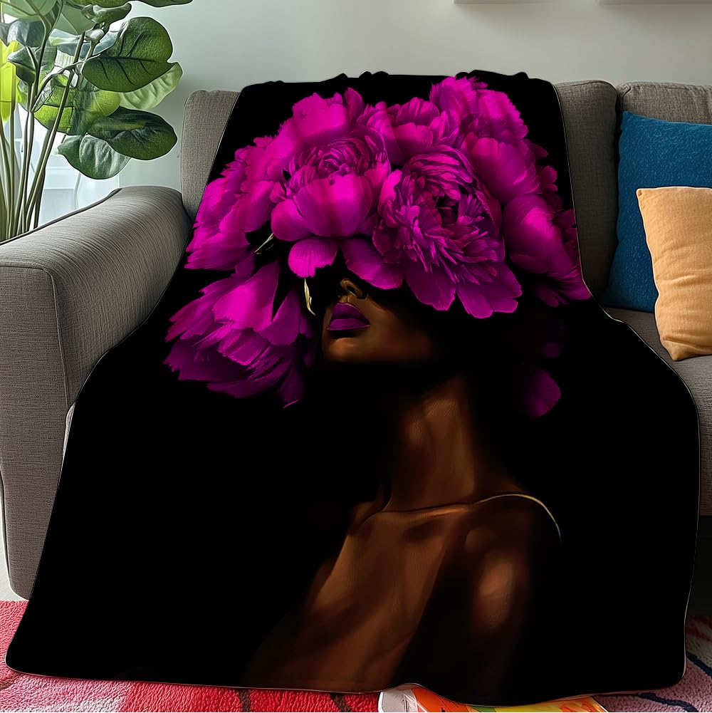 HUNXIAOJ African American Throw Blanket Black Girls Print Blanket African American Gifts for Women Warm Soft Flannel for Girls Boys Women Teens Adults Bed Sofa Couch (50 in x 60 in)