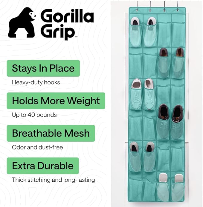 GORILLA GRIP Over the Door Shoe Organizer, 24 Large Breathable Mesh Pockets