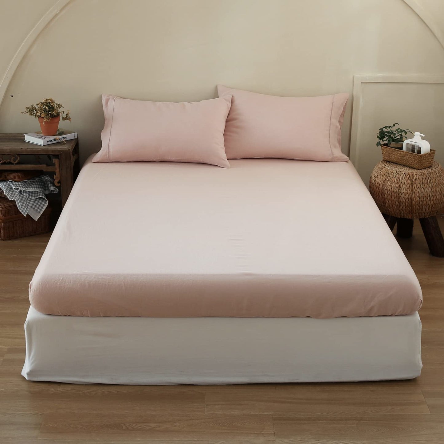King Linens 100% Linen Fitted Sheet Stone Washed Solid Color - (1 Piece) 14 inch Deep Pocket Mattress Cover Soft Natural Breathable Farmhouse - Pink, Twin Size