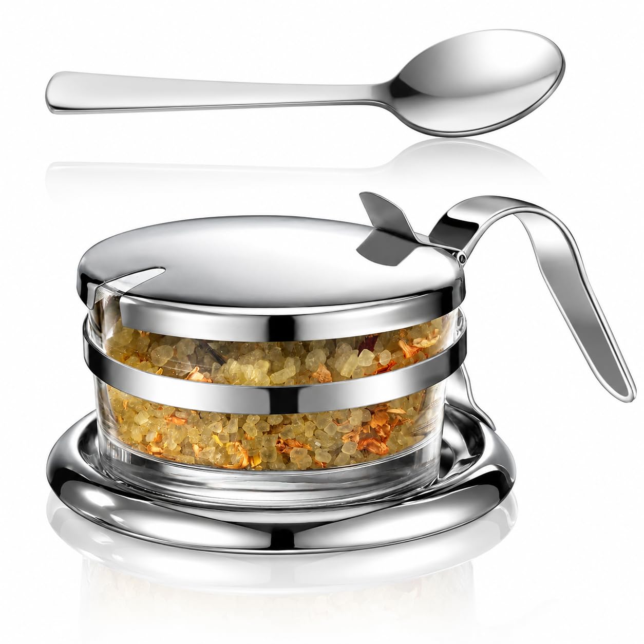 Stainless Steel Salt Cellar with Spoon & Lid, Heavy Duty Salt Container for Countertop, Seasoning Storage Jar for Sea, Kosher, Pepper, Candy
