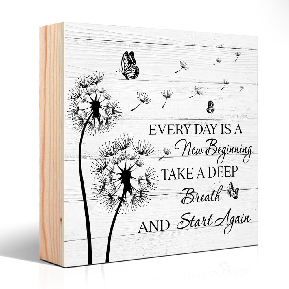 PUVOXHO Every Day Is A New Beginning Take A Deep Breath And Start Again Wooden Sign Desk Decor for Home Office Farmhouse Bedroom, Yoga Spa Room Decor, Inspirational Gifts for Women Friend Coworker BFF