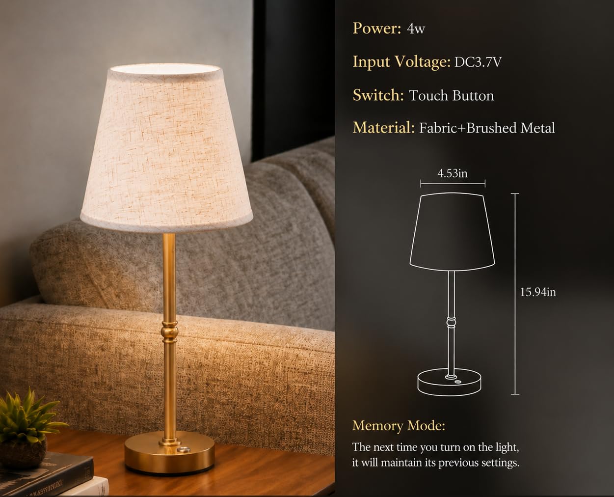 FAPEMIH Cordless Rechargeable LED Table Lamp, 6000mAh Battery, Soft Warm Light, Dimmable & Touch Control, Bedside & Dining Night Light, Portable Cozy Ambient Lamp，Gold