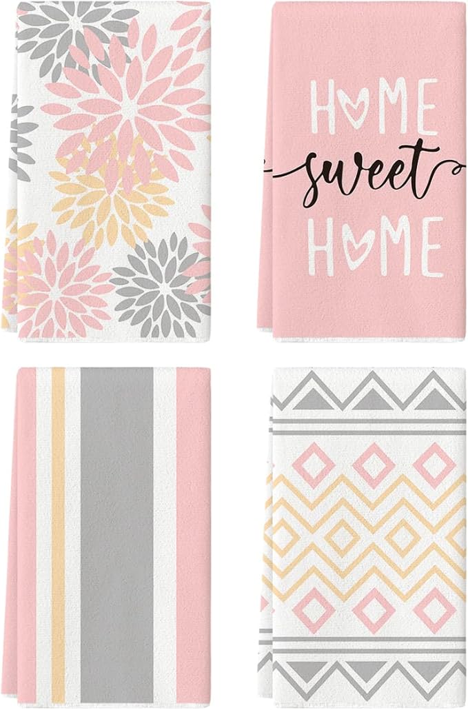 Artoid Mode Pink Stripes Home Sweet Home Boho Kitchen Towels Dish Towels