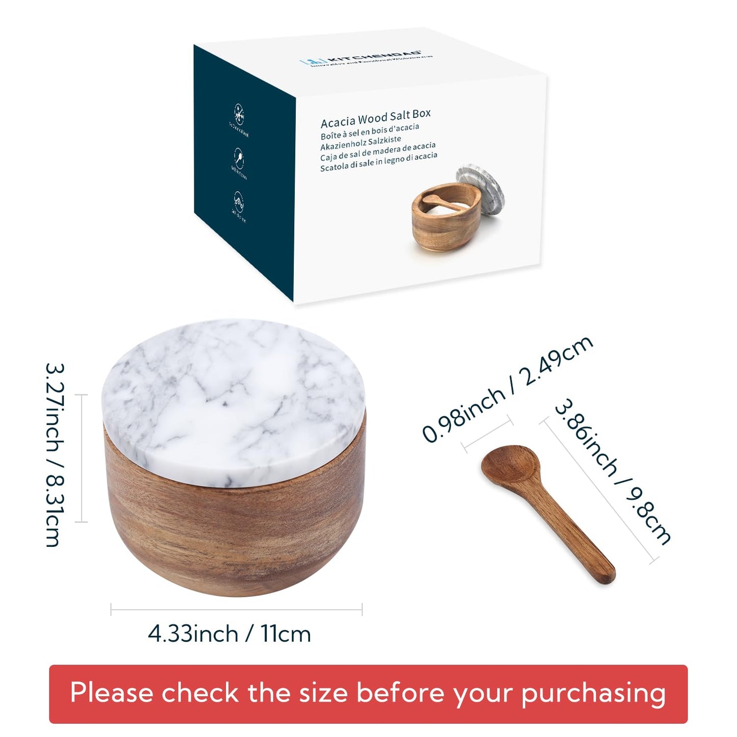 KITCHENDAO Large Acacia Salt Cellar Box Bowl with Built-in Spoon and Marble Lid, Natural Acacia Wood Bath Sea Salt Container, Pepper Sealer Pinch Bowl, 10oz Capacity