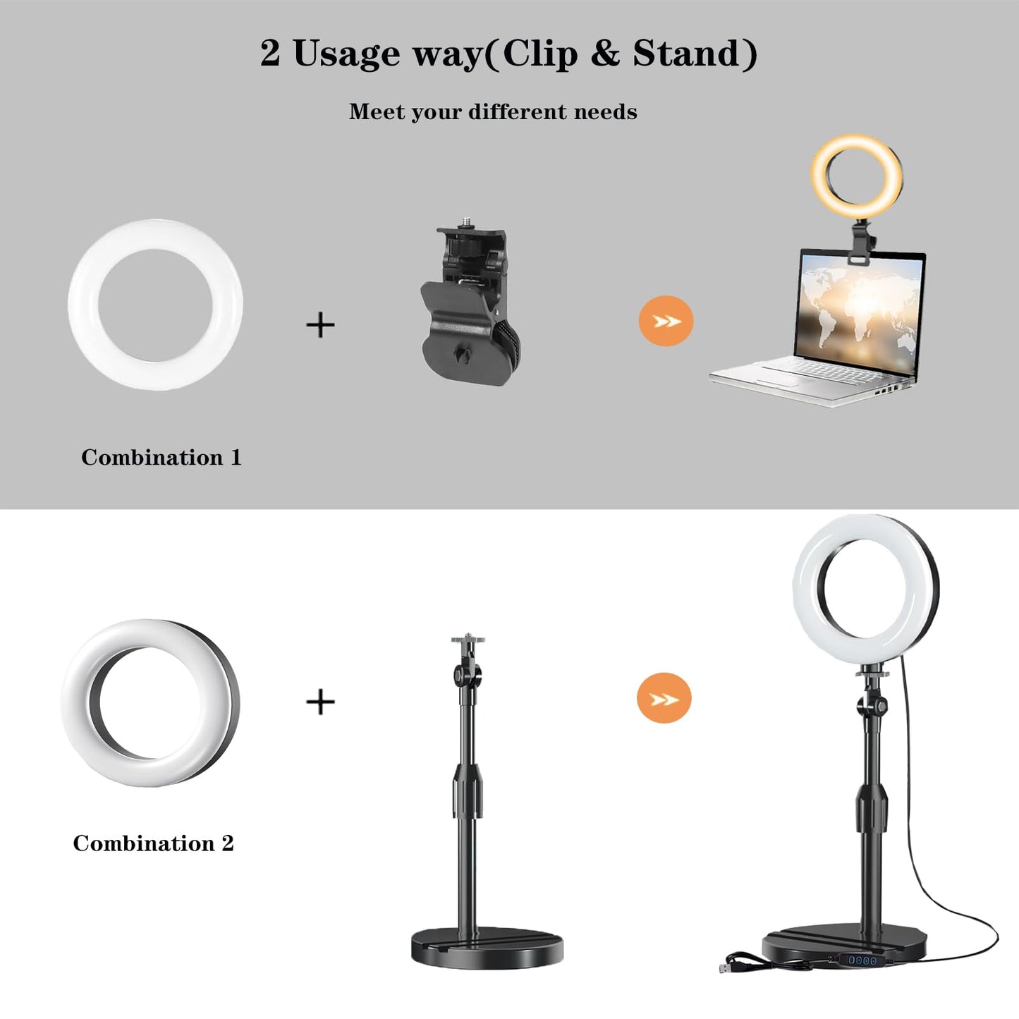 Ring Light with Stand, Desk Ring Light with Clip Upgraded 10W 3000K-6500K Travel Desktop Light for Phone Selfie Laptop Zoom Video Makeup Vlog Tiktok Live Streaming