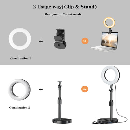 Ring Light with Stand, Desk Ring Light with Clip Upgraded 10W 3000K-6500K Travel Desktop Light for Phone Selfie Laptop Zoom Video Makeup Vlog Tiktok Live Streaming