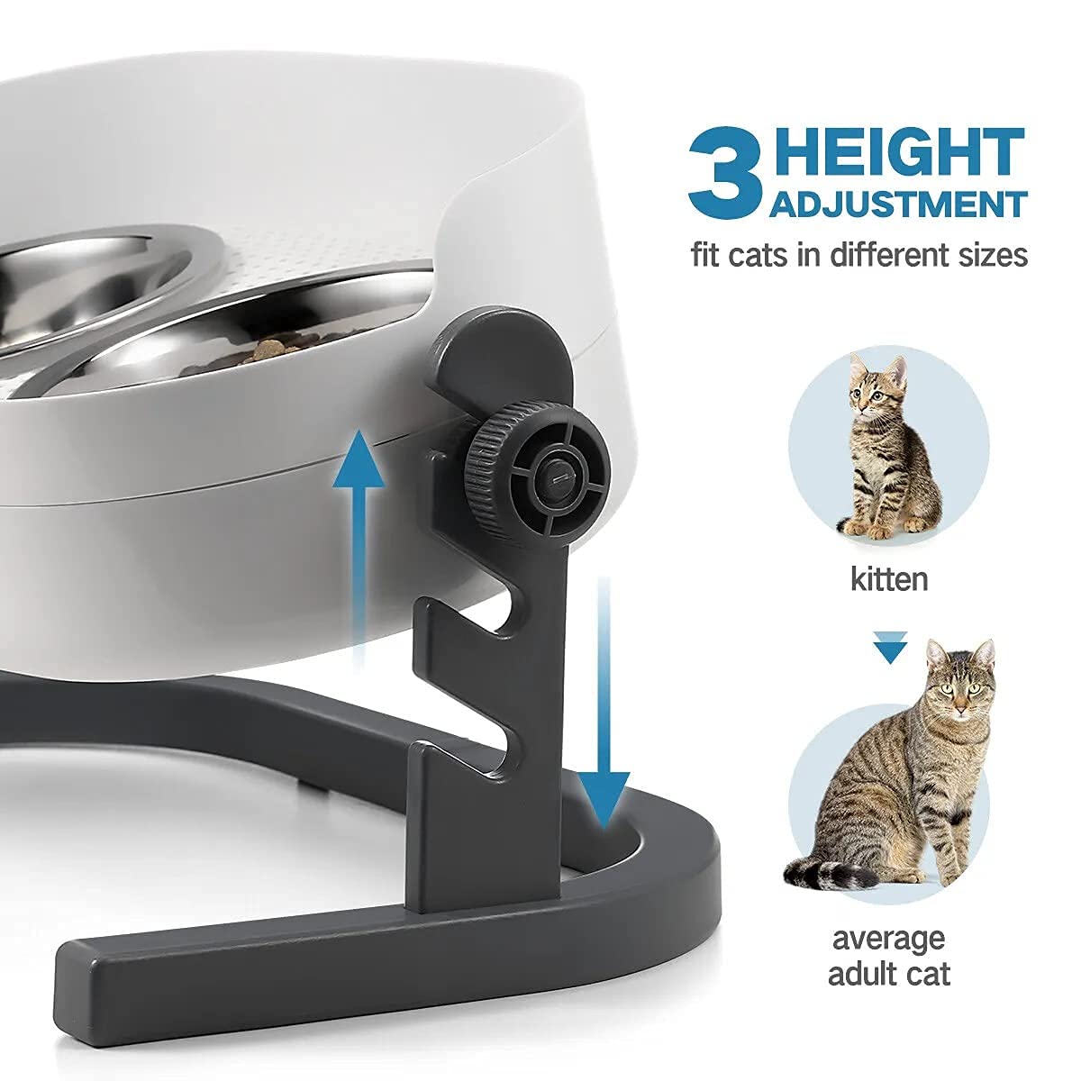 ALL FOR PAWS Raised Cat Bowl 3 Heights Adjustable, Elevated Double Bowls with 2x350ML Stainless Steel Dishes, Cat Feeding Station for Small Medium & Large Cats, Non-Slip and No Spill (44x26x20CM)