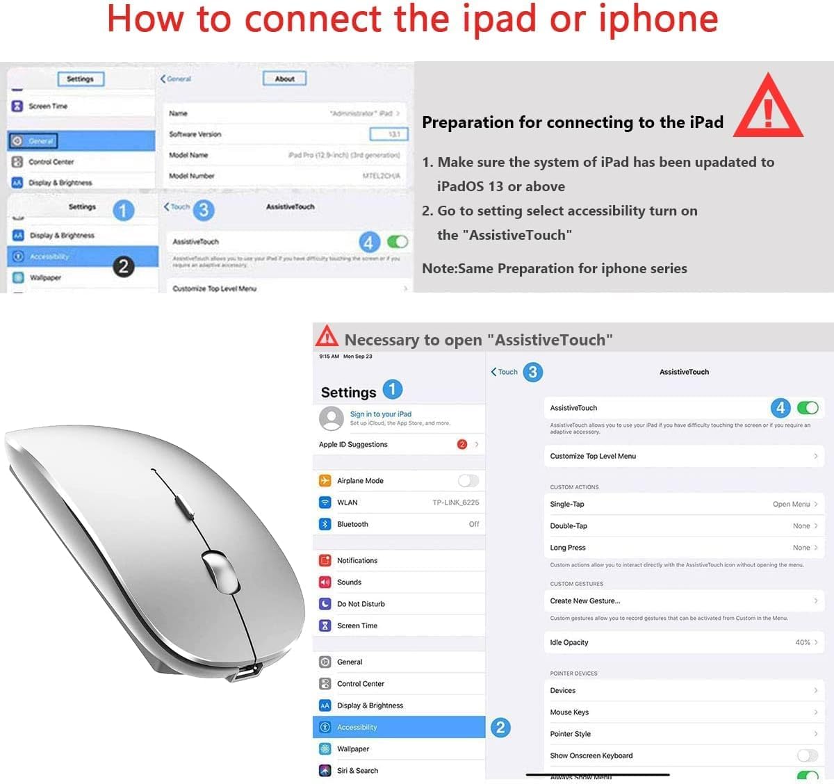 Wireless Bluetooth Mouse for MacBook Pro/Air/Mac/iPad/Laptop/Desktop/Mac/PC/Computer/Phone-Portable Slim Silent Office Mice with USB-C Adapter 2.4 GHz USB Mice (WhiteSilver)
